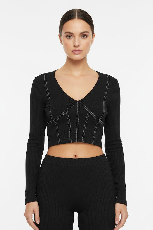 V-Neck Contrast Stitched Crop Top