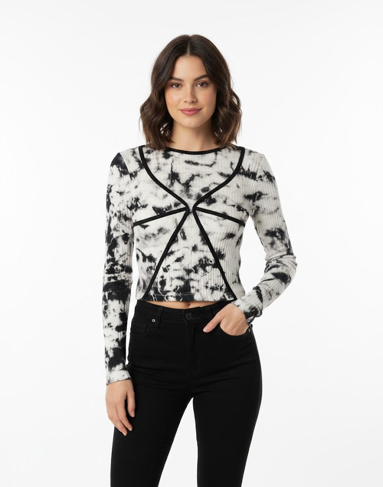 Black and White Tie-Dye Contrast Stitch Top