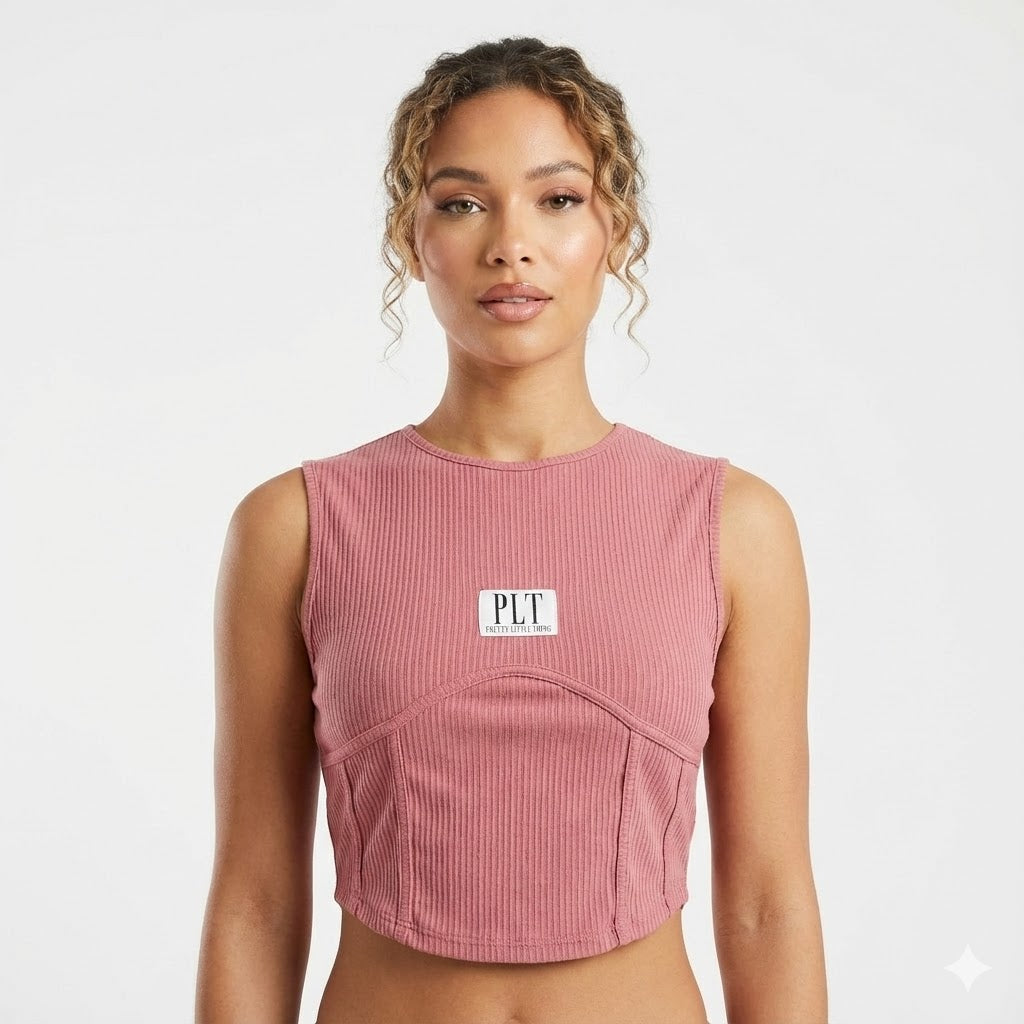 PLT Pink Ribbed Corset Seam Crop