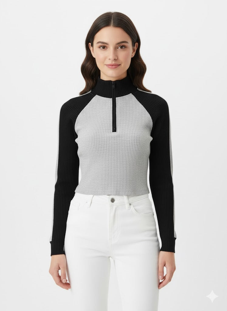 Sporty-Luxe Ribbed Quarter-Zip Crop Top