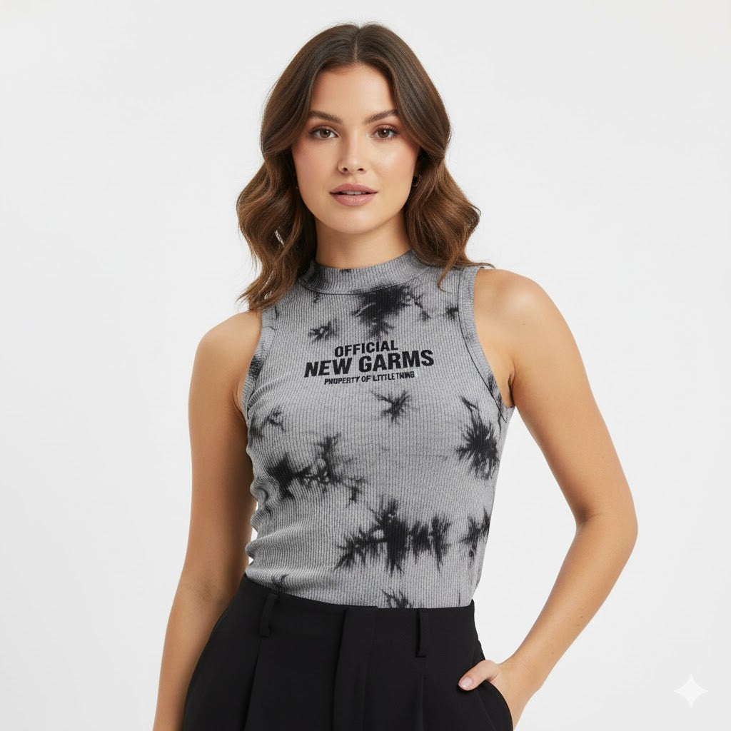 Grey Tie-Dye Ribbed Tank Top