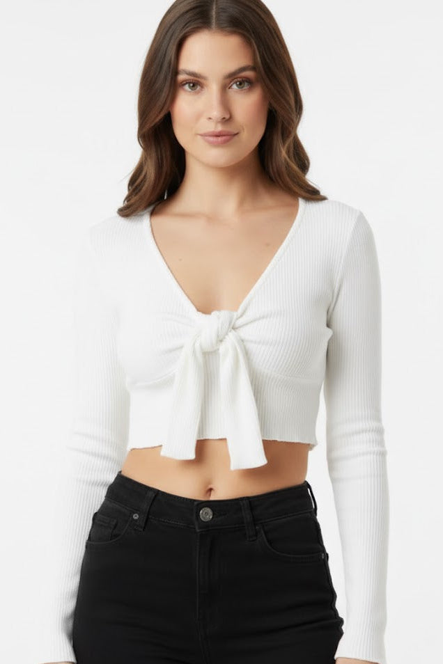 White Ribbed Knit Tie-Front Crop Top