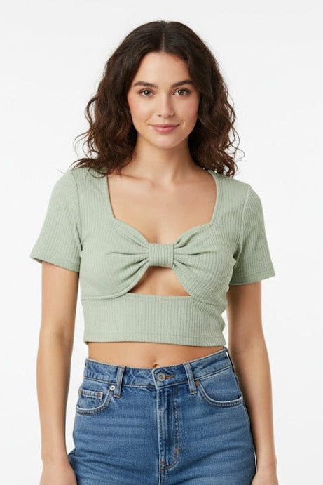 Bow Front Ribbed Knit Crop Top