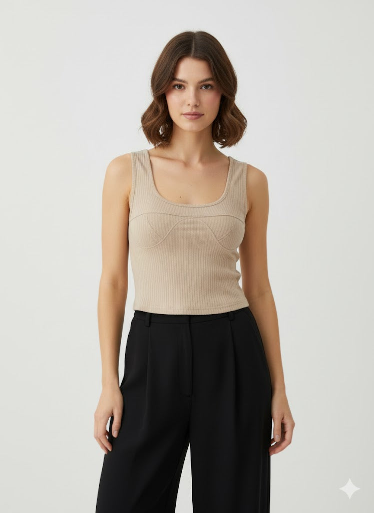 Beige Ribbed Tank with Seam Detail