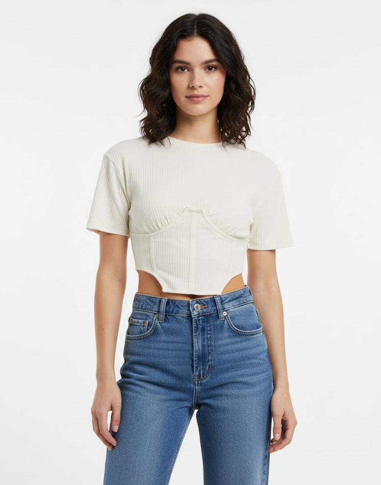 Chic Ribbed Corset Crop Top Tee