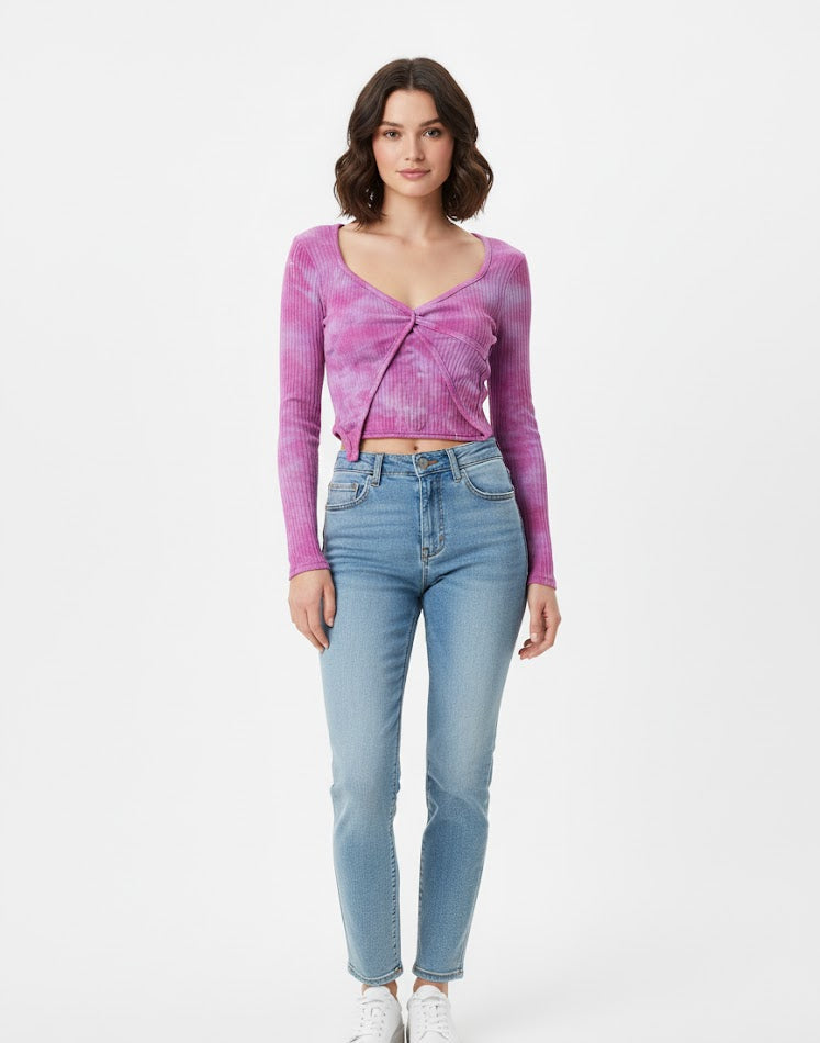 Pink Tie-Dye Front-Twist Ribbed Top