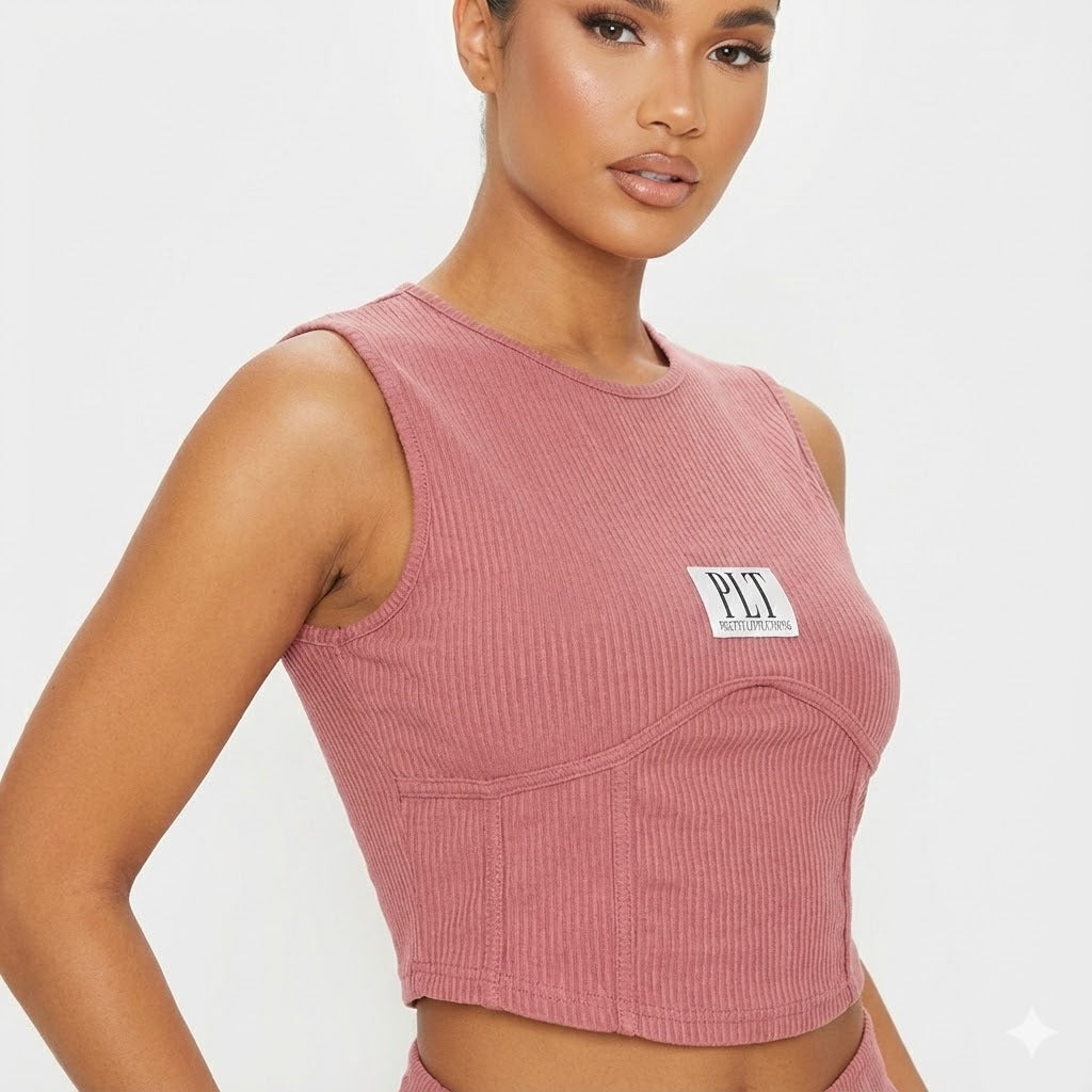 PLT Pink Ribbed Corset Seam Crop