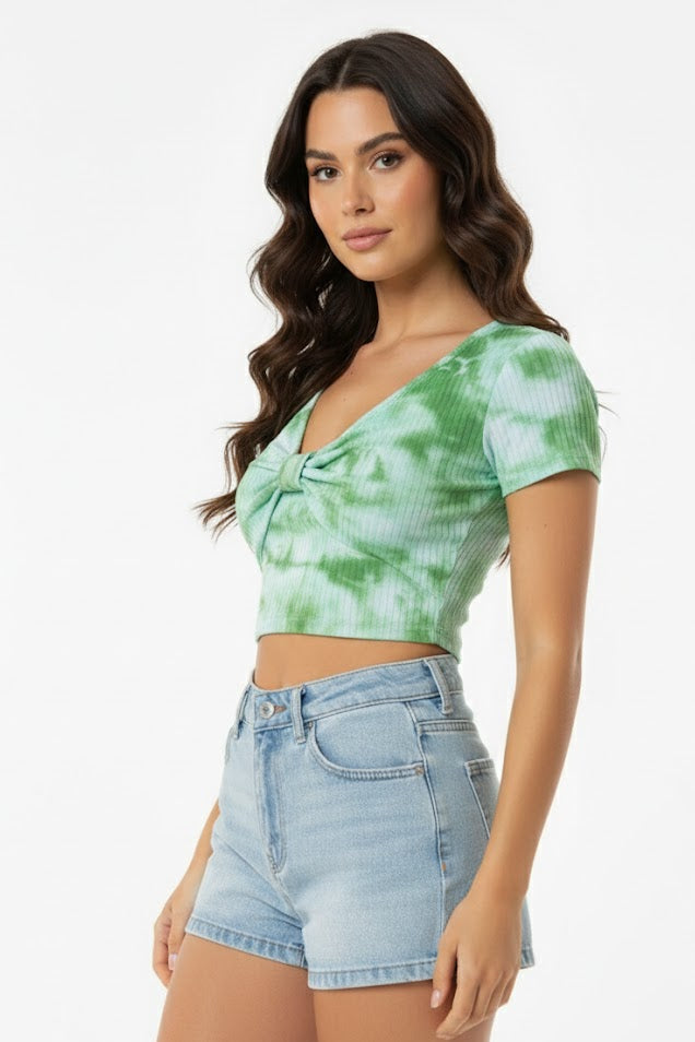 Green Tie-Dye Front Bow Crop