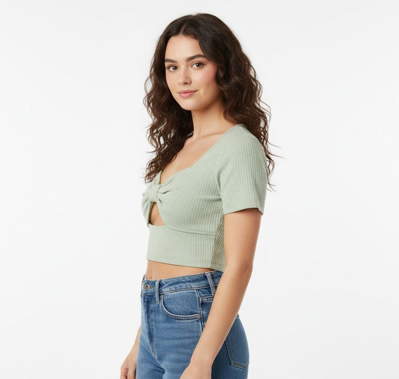 Bow Front Ribbed Knit Crop Top