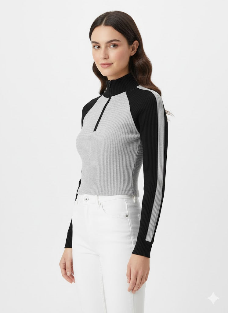 Sporty-Luxe Ribbed Quarter-Zip Crop Top