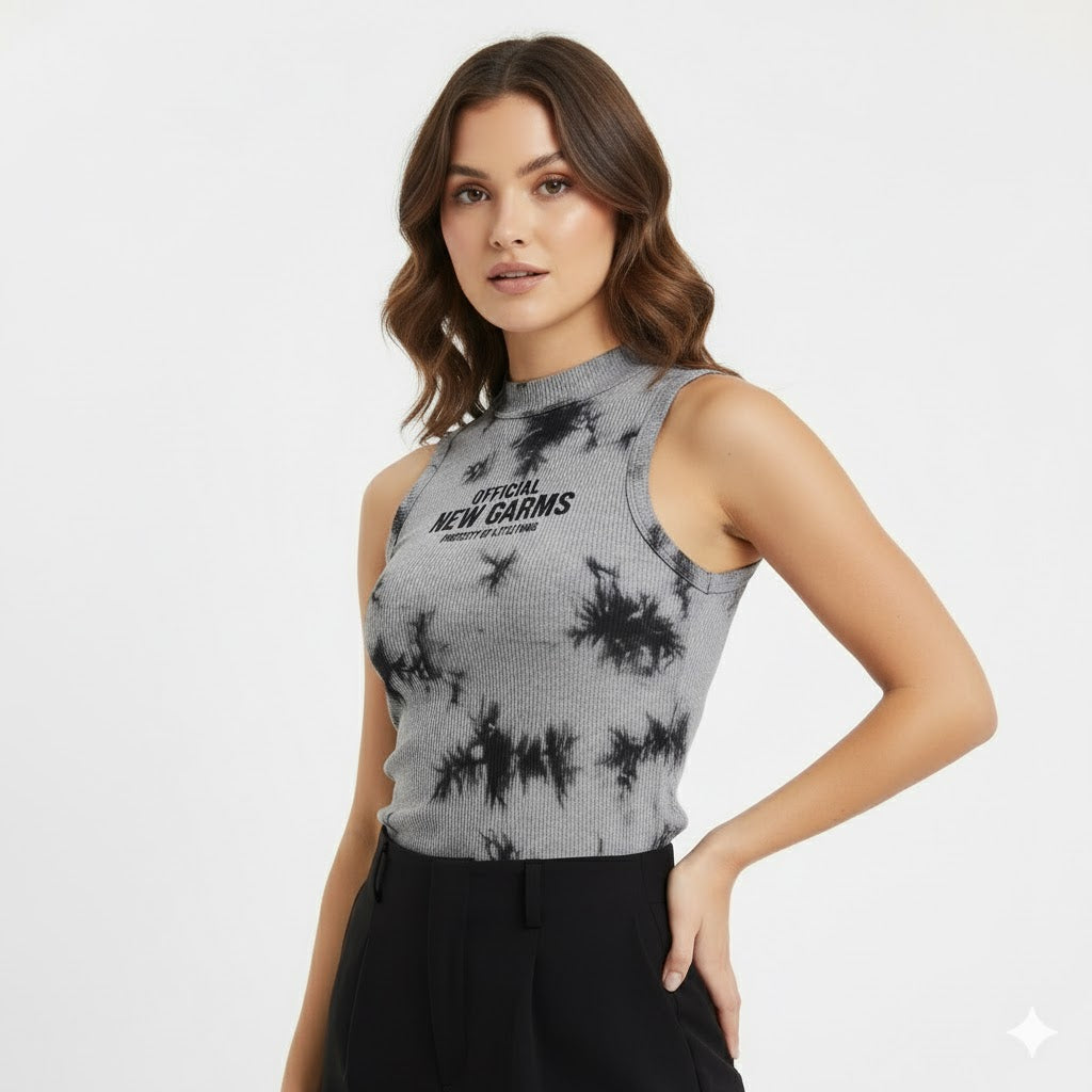 Grey Tie-Dye Ribbed Tank Top