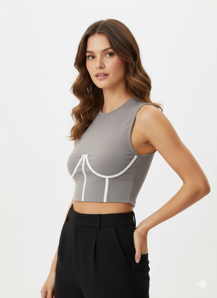 Contrast Piping Grey Crop Top