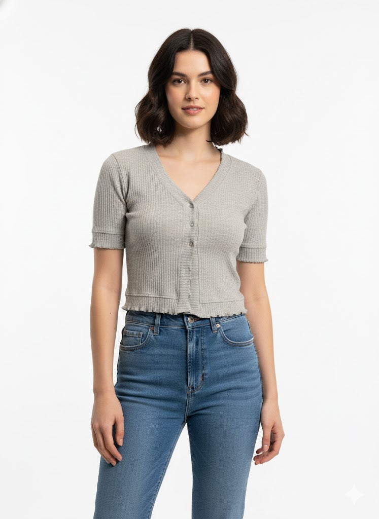 V-Neck Button Crop Cardigan