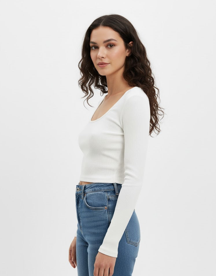 White Ribbed Long Sleeve Top