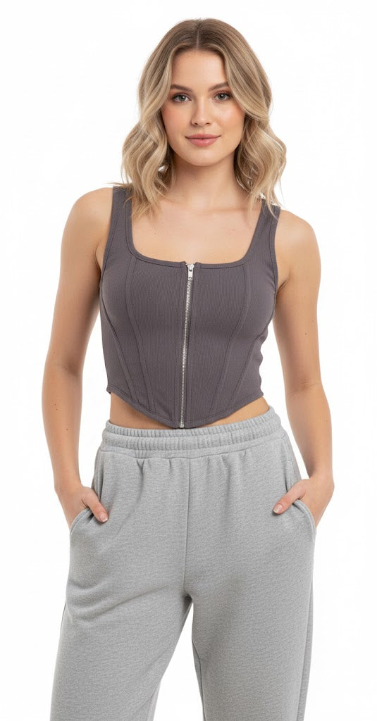 Ribbed Front Zip Corset Top