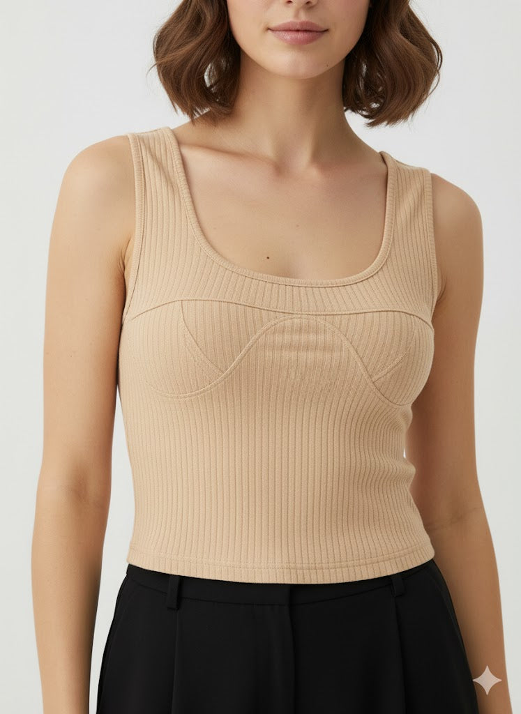 Beige Ribbed Tank with Seam Detail