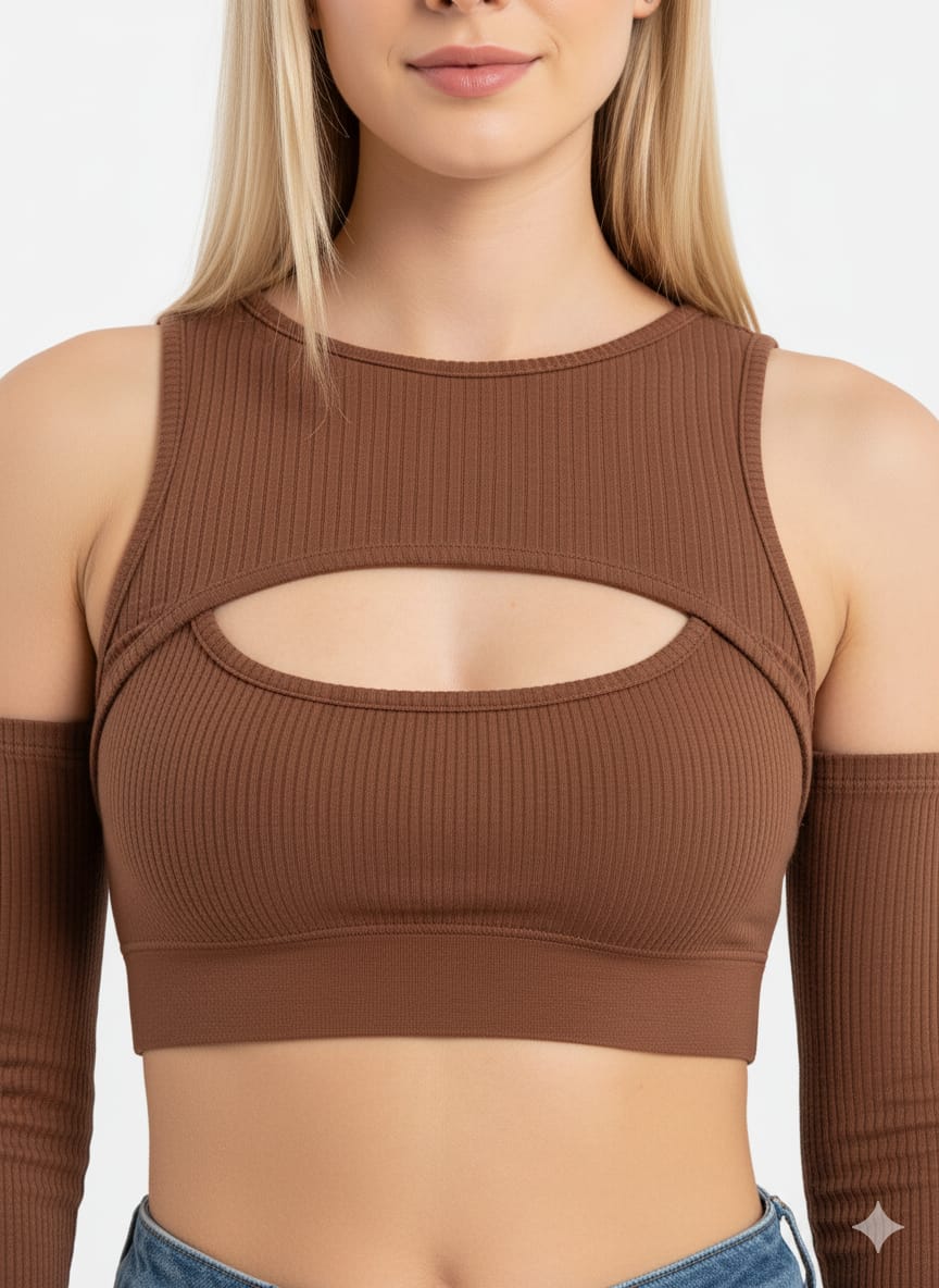 Choco Rib Mix Overlay Cold Shoulder Crop