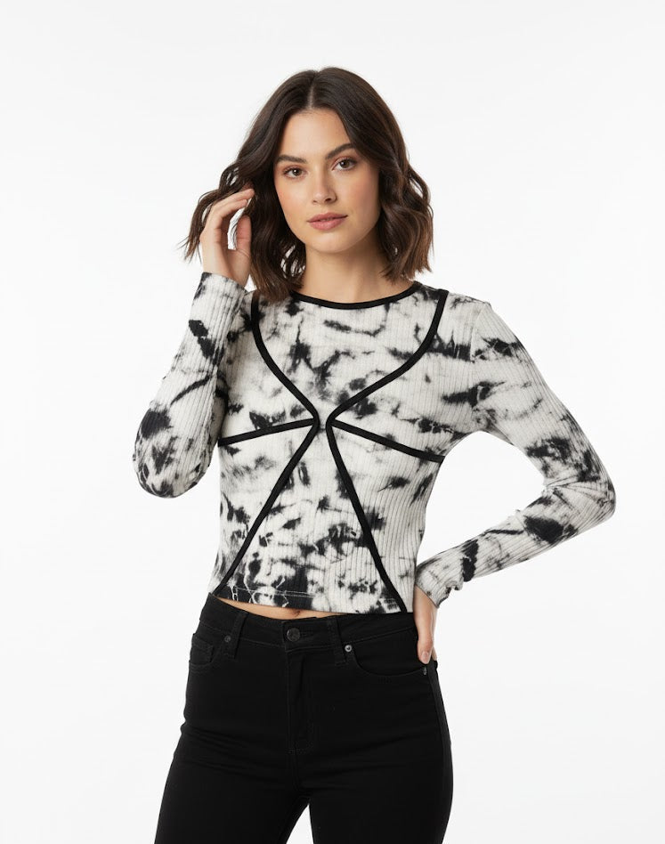 Black and White Tie-Dye Contrast Stitch Top