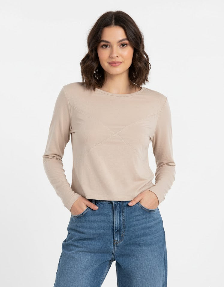Beige Long Sleeve Crop Top