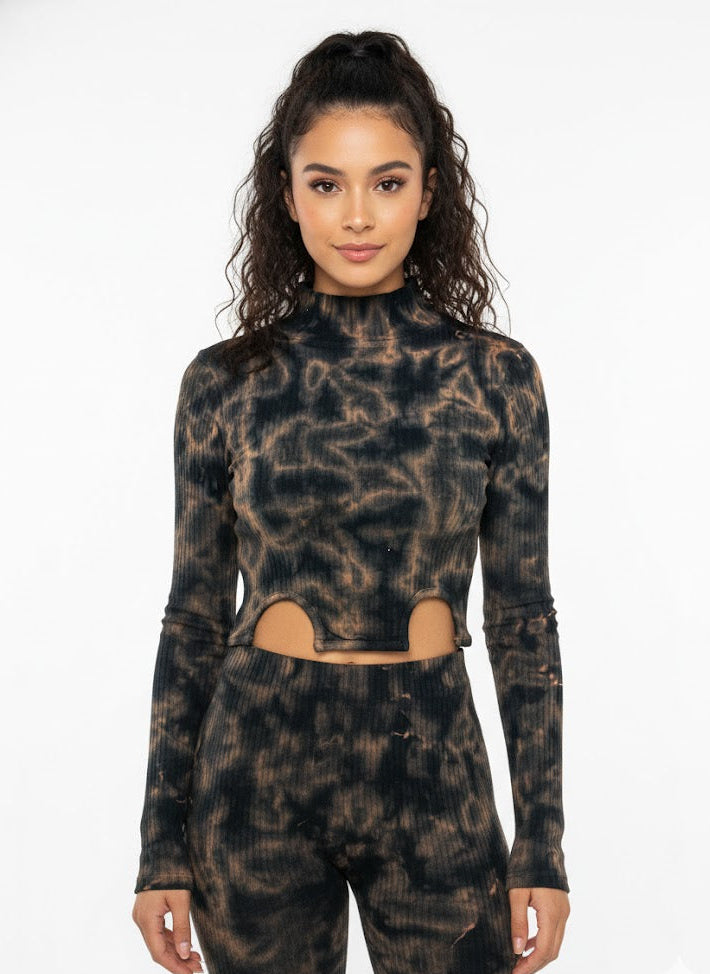 Acid Wash Ribbed Knit Cut-Out Crop Top