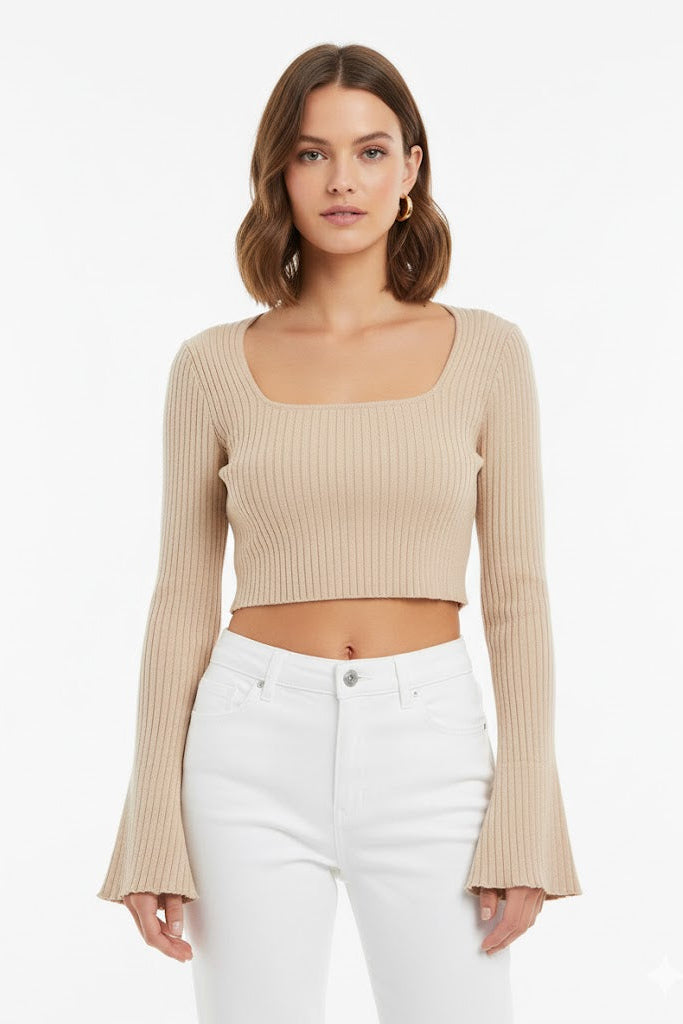 Bell-Sleeve Ribbed Knit Crop Top