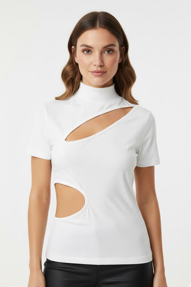 White Asymmetric Half Sleeve Cutout Mock Neck Top