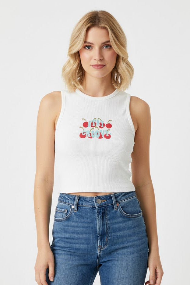 Cherry Print Graphic Crop Tank