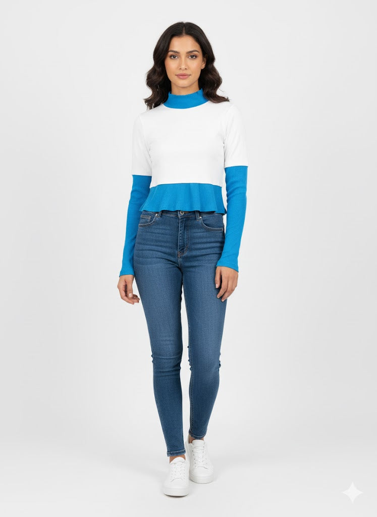 Cozy Ribbed Mock Neck Two-Tone Tee for Everyday Wear