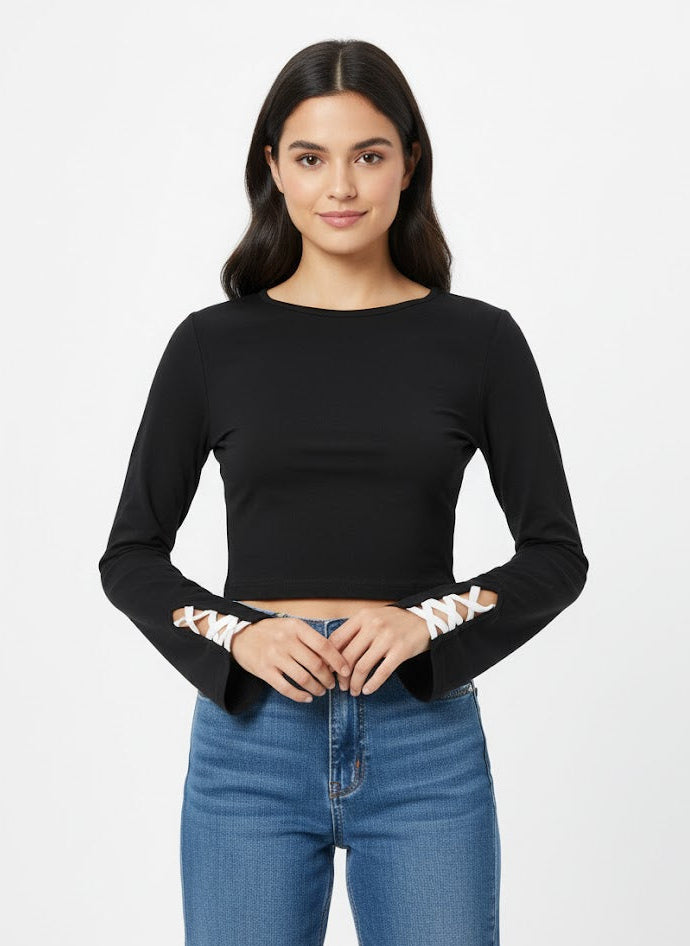 Black Top with Lace-Up Bell Sleeves