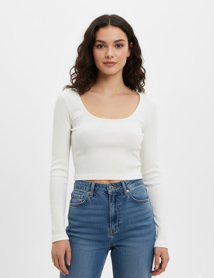 White Ribbed Long Sleeve Top