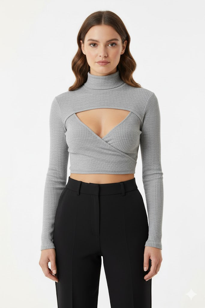 Grey Ribbed Wrap-Front Long Sleeve