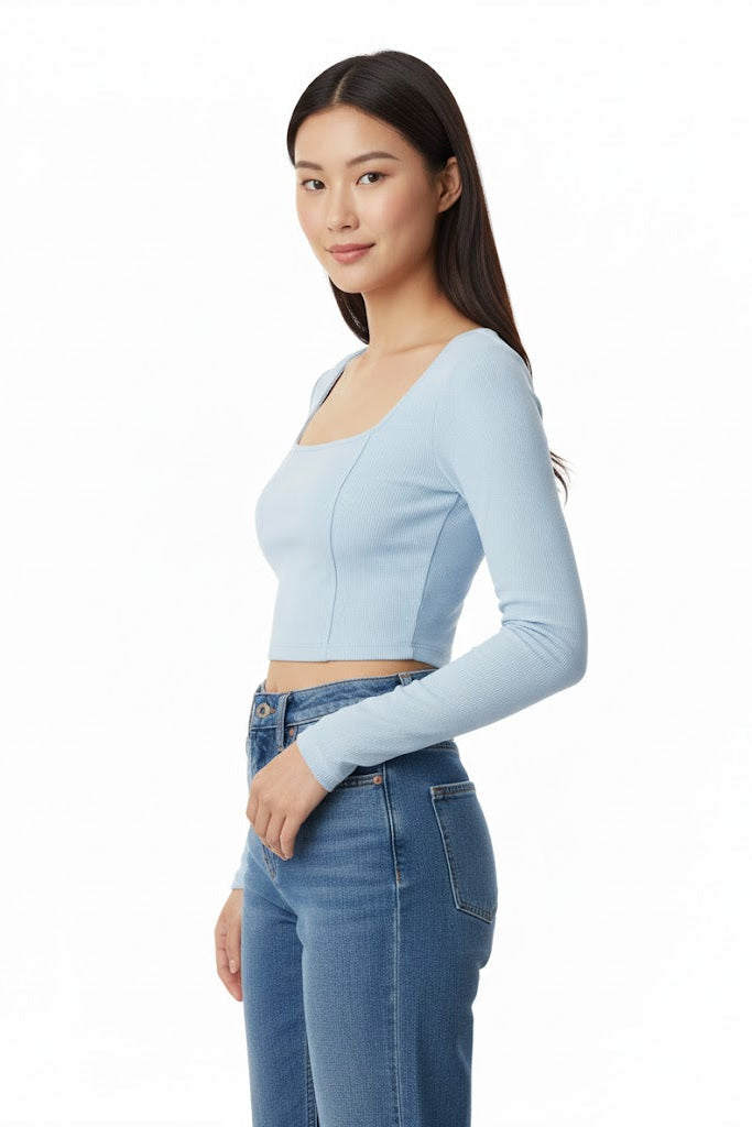 Light Blue Fitted Long Sleeve Top