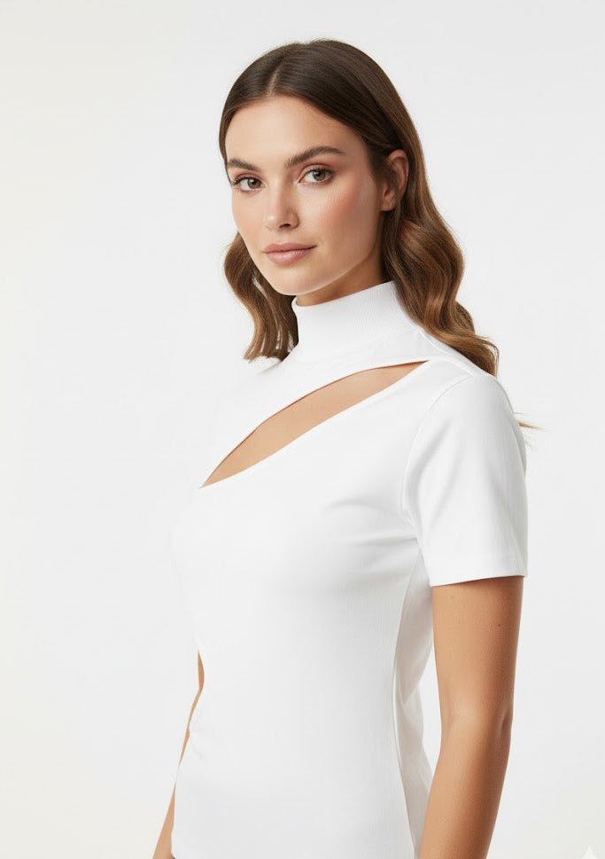 White Asymmetric Half Sleeve Cutout Mock Neck Top