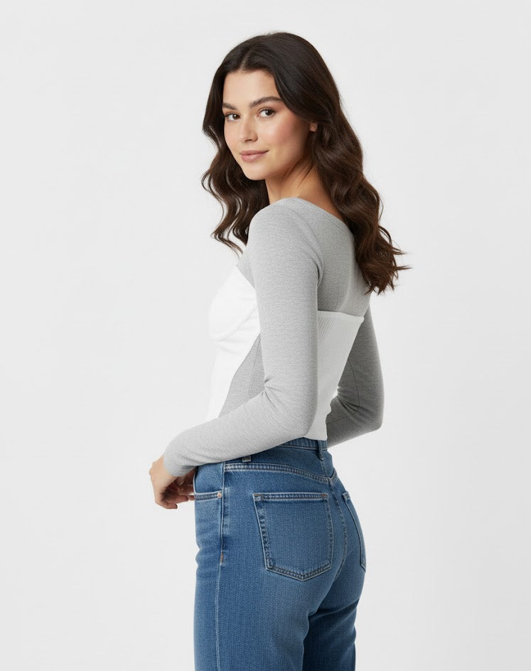 Grey & White Long Sleeve Crop