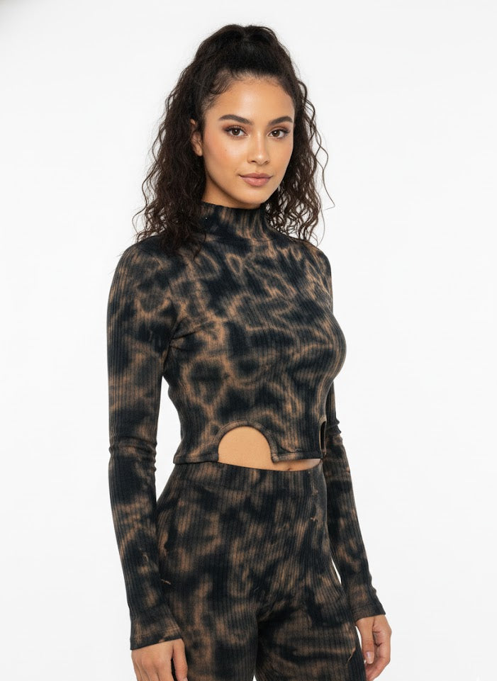 Acid Wash Ribbed Knit Cut-Out Crop Top