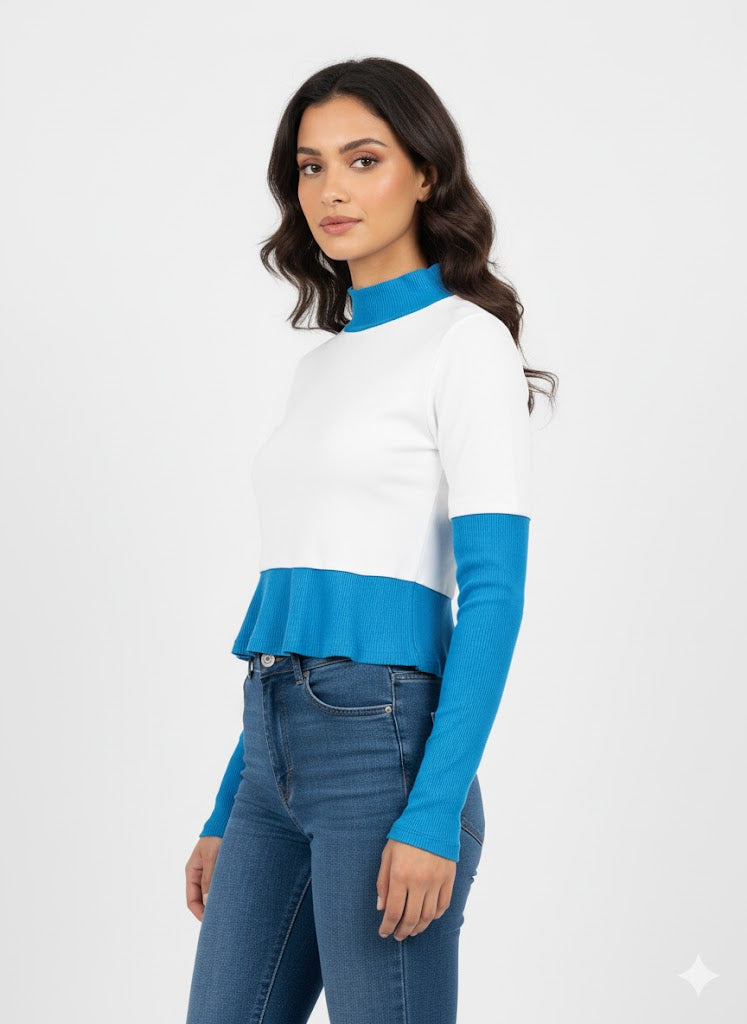 Cozy Ribbed Mock Neck Two-Tone Tee for Everyday Wear
