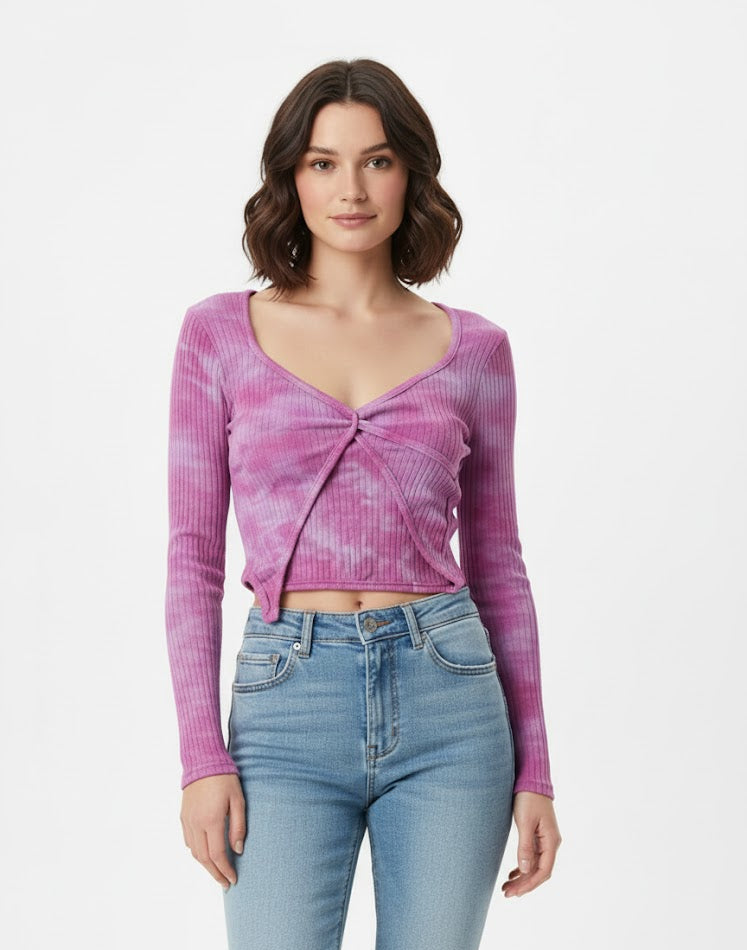 Pink Tie-Dye Front-Twist Ribbed Top