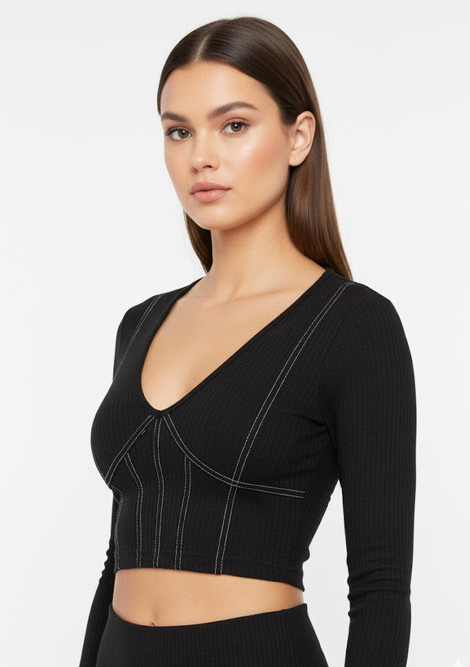 V-Neck Contrast Stitched Crop Top