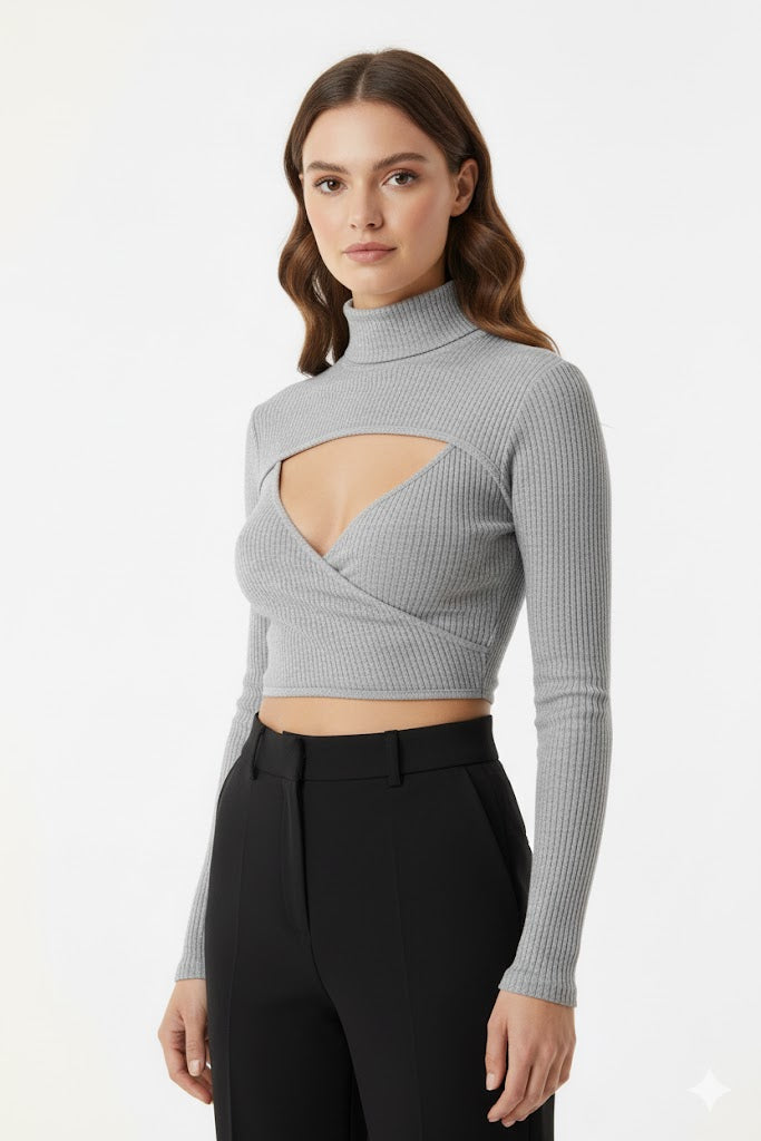 Grey Ribbed Wrap-Front Long Sleeve