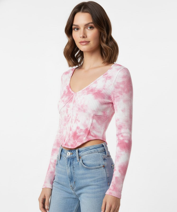 Corset Tie-Dye Ribbed Long Sleeve Top