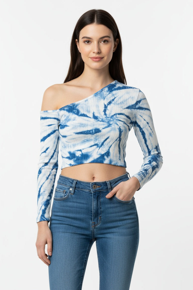 Blue Spiral One-Shoulder Crop