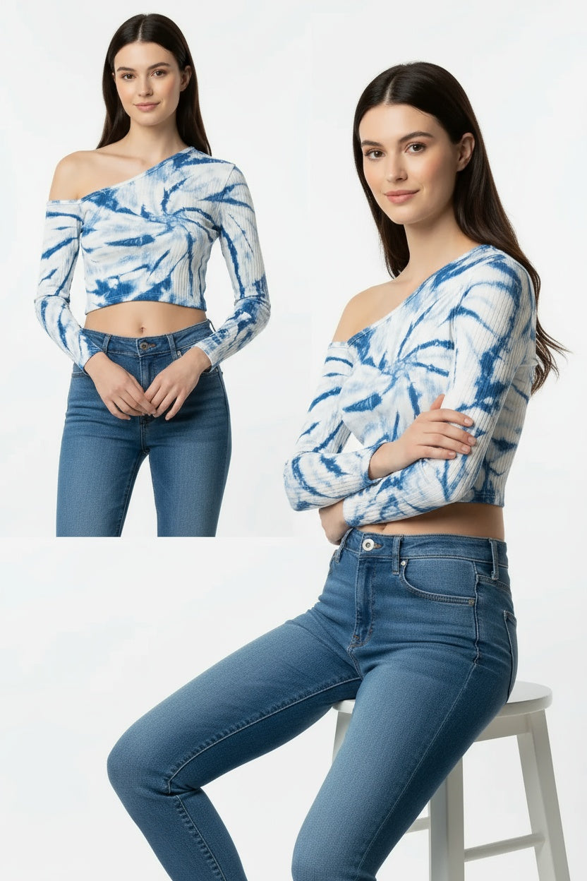 Blue Spiral One-Shoulder Crop