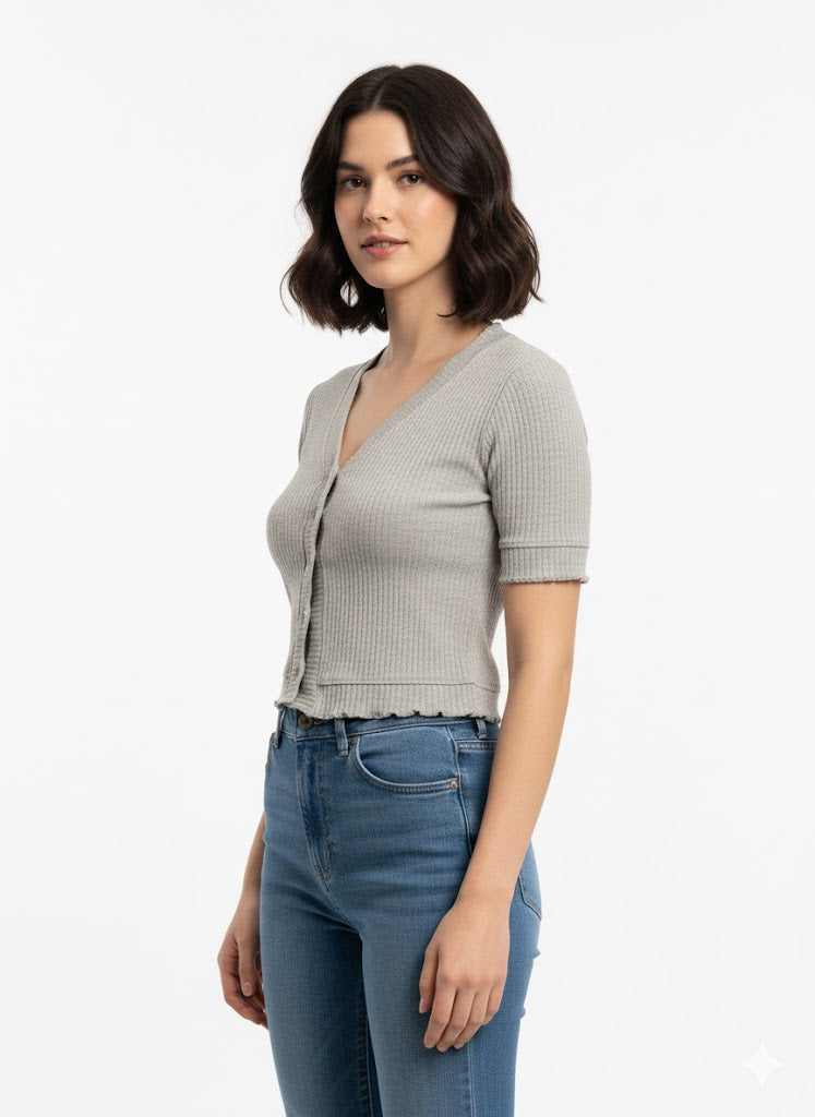 V-Neck Button Crop Cardigan