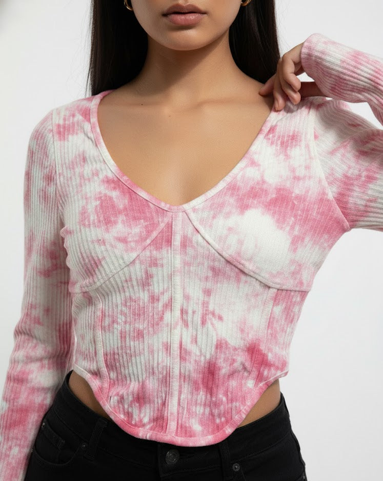 Corset Tie-Dye Ribbed Long Sleeve Top